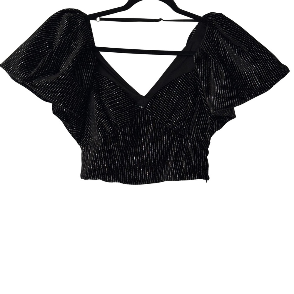 Do + Be Black Glitter V-Neck Puff Sleeve Crop Top, medium